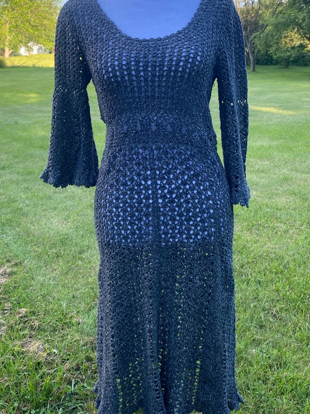 Cynthia Steffe Black Crochet Knit Scoop Neck Midi Dress Medium